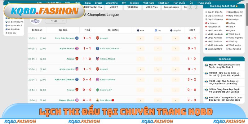 Lịch thi đấu tại chuyên trang KQBD